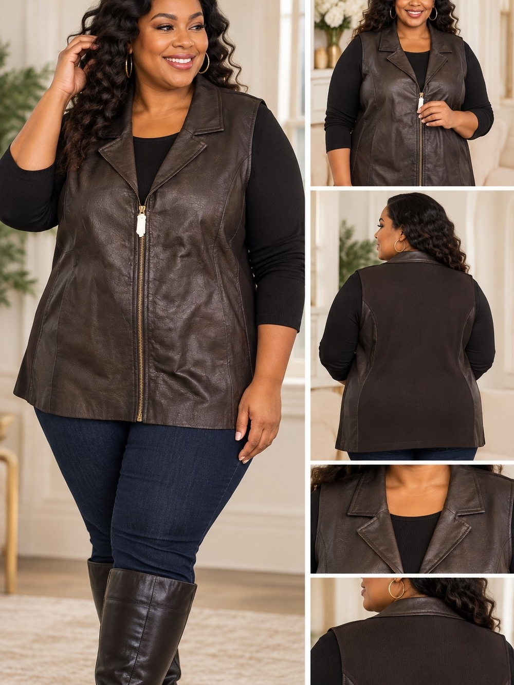 Bagatelle 3X Genuine Leather Front Zip Vest Stretch Back Plus Size